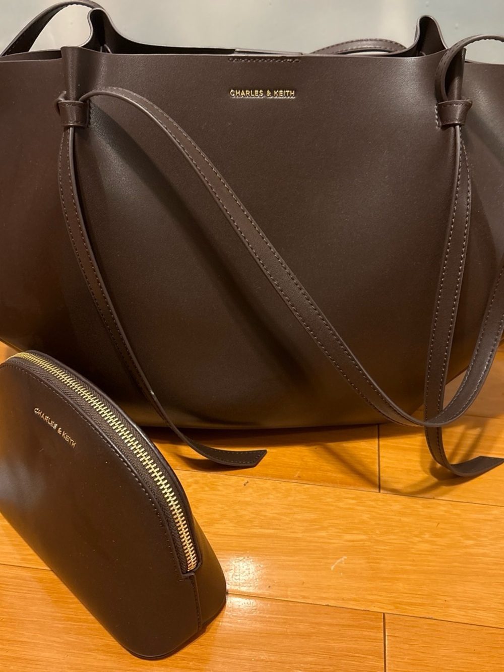 Charles & Keith Dark Brown Leather Tote with Matching Pouch